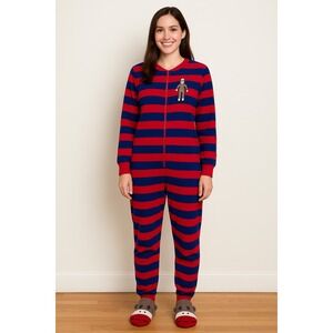 Nick & Nora Red Blue Stripe Fleece Sock Monkey Footed Pajamas Size S‎ One Piece